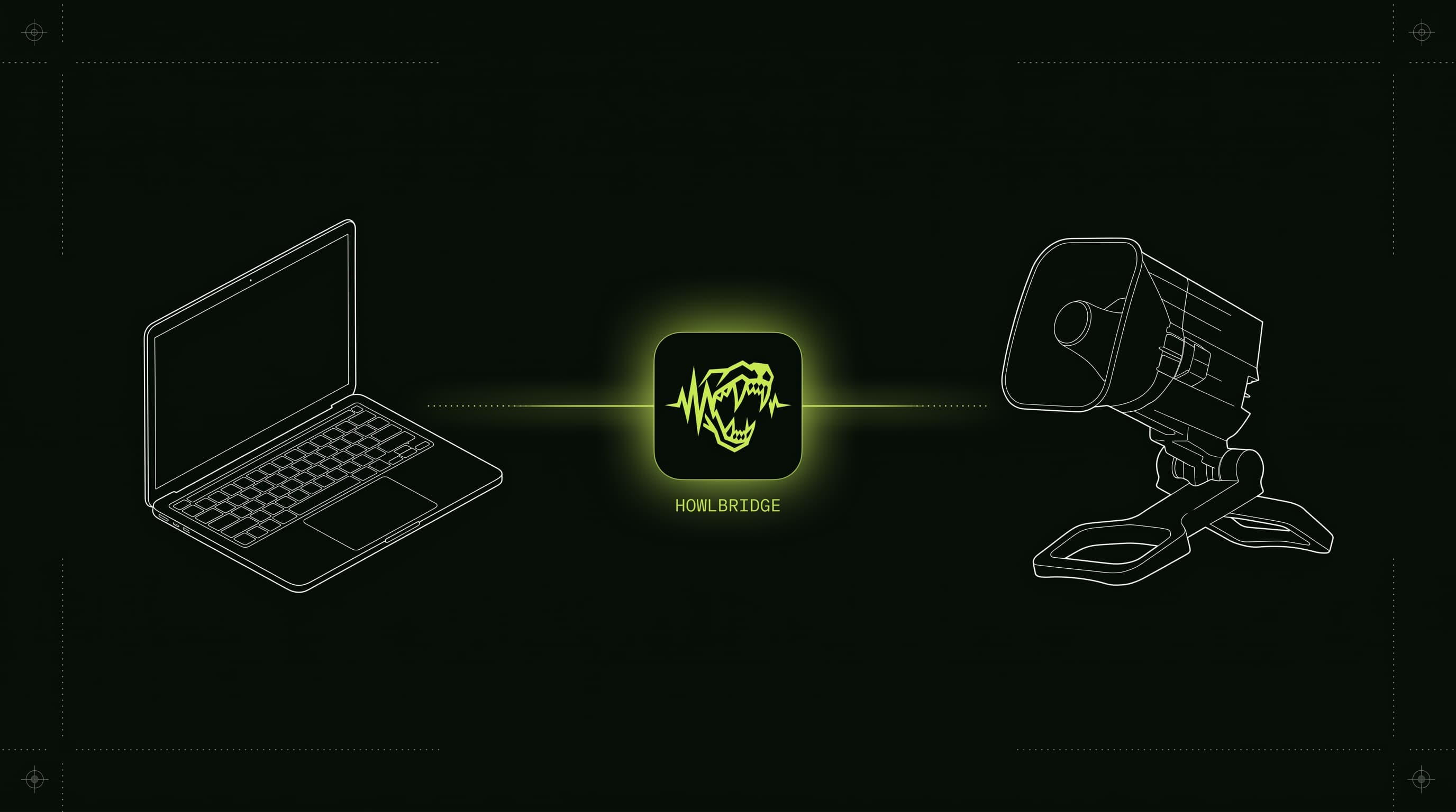 HowlBridge diagram showing a laptop linked to a horn-style predator caller on a tripod through the HowlBridge menu-bar icon, illustrating how the desktop bridge relays hunting sounds over USB.