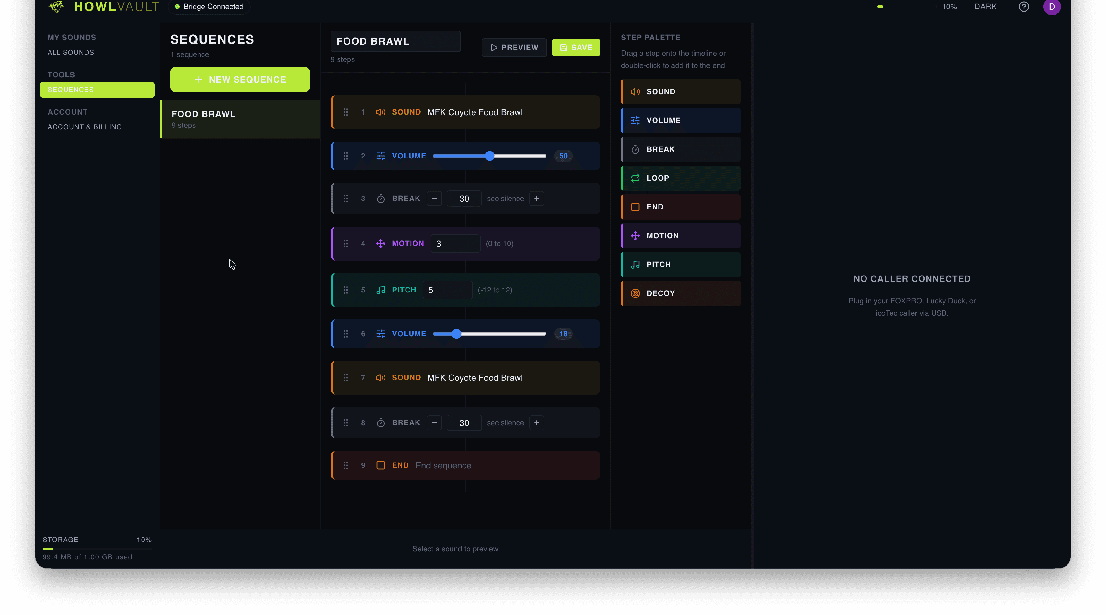HowlVault sequence builder stacking multiple call steps, each with a sound name, duration control, pause control, and volume slider ready to push to a FoxPro e-caller.