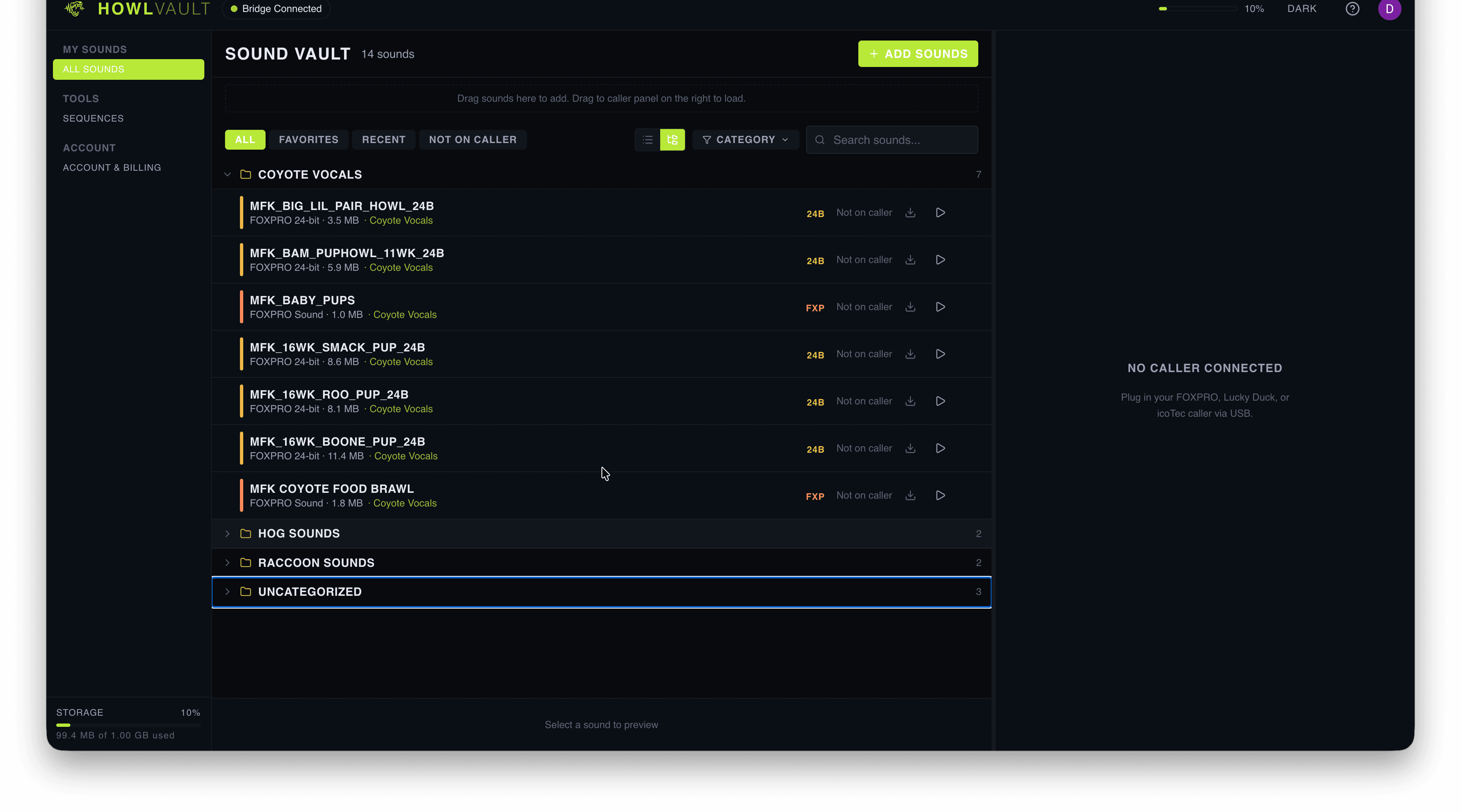 HowlVault sound library screen with Coyote Vocals, Hog Sounds, and Raccoon Sounds categories expanded alongside All, Favorites, Recent, and Not on Caller filter tabs.