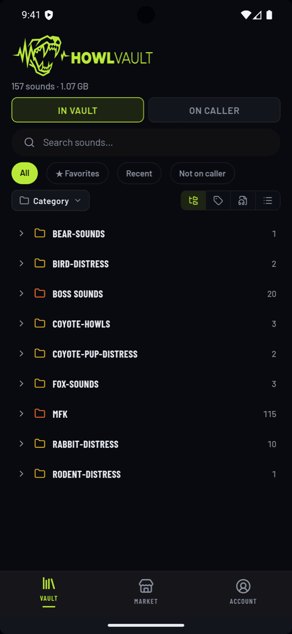 HowlVault mobile vault screen listing sound categories — bear sounds, bird distress, coyote howls, fox sounds — with a search bar and 157 sounds totalling 1.07 GB.