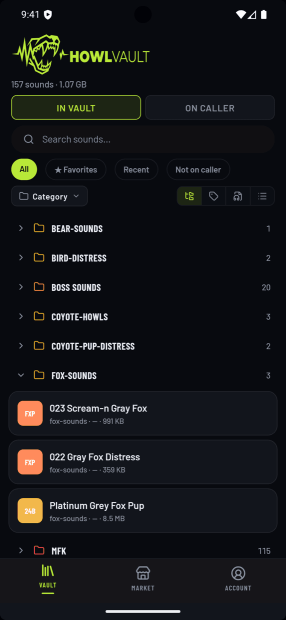 The fox-sounds category expanded, showing individual sounds with their file format and size.