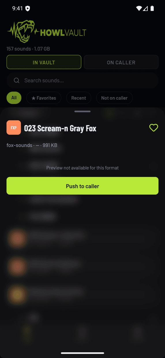 Sound detail sheet for 023 Scream-n Gray Fox with a large Push to caller button.