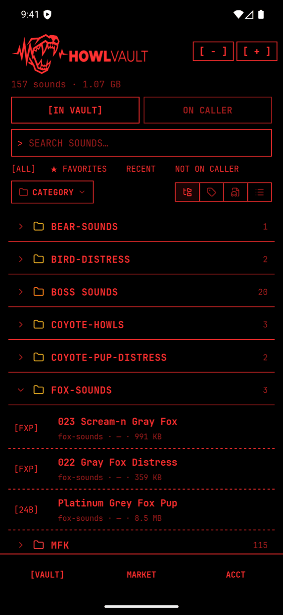 The same vault screen rendered in night-vision red mode to protect night-adapted eyes on stand.